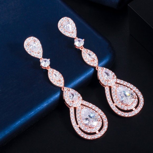 Boutique Jewelry - Rose Gold Water Drop Cubic Zirconia Long Elegant Wedding Party Earrings